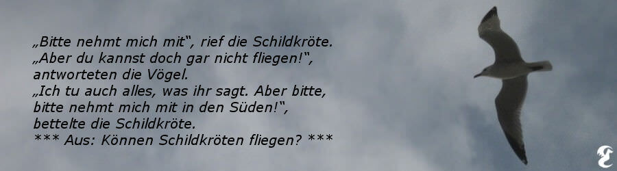 Möwe fliegt am wolkenbehangenen Himmel; Spruch: Bitte nehmt mich mit, rief die Schildkröte. Aber du kannst doch gar nicht fliegen!,
			antworteten die Vögel. Ich tu auch alles, was ihr sagt. Aber bitte, bitte nehmt mich mit in den Süden!, bettelte die Schildkröte. ***Aus: Können Schildkr&oumlten fliegen?***